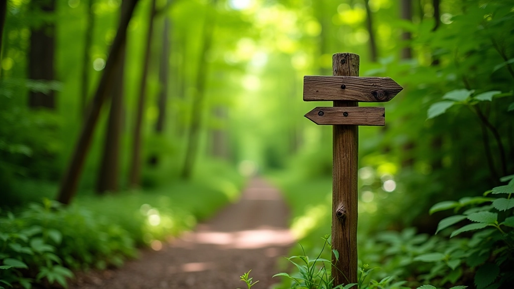 Wooden hiking trail markers and signposts on forest paths through Šumava wilderness