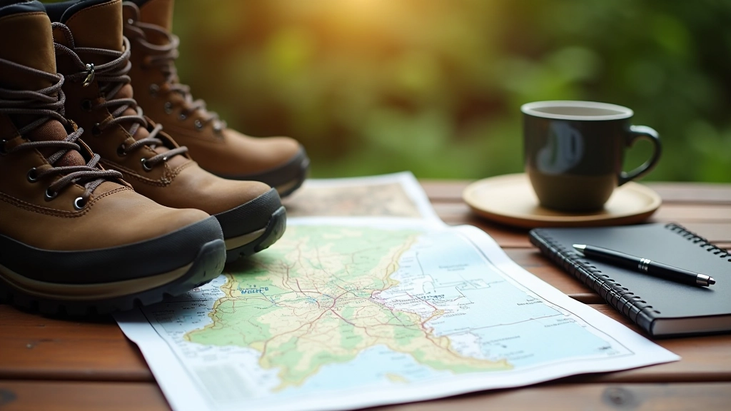 Hiking boots and a map on a wooden table with coffee mug, outdoor planning setup, natural morning light, sharp focus