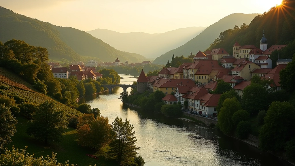 River confluence at Mělník with two rivers meeting, historic town buildings on hillside, vineyards visible on slopes, afternoon light