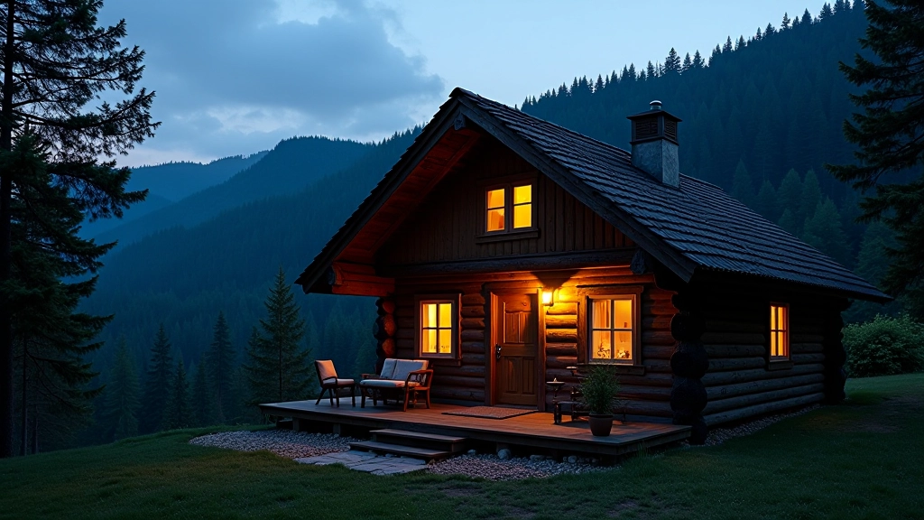 Traditional Czech mountain lodge with warm light glowing from windows at dusk in forest setting